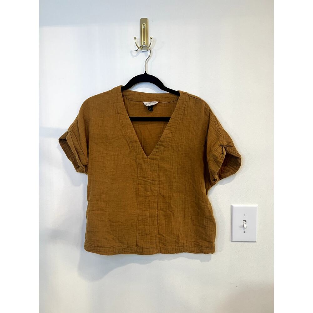 Universal Thread Mustard Gauze V-Neck Top Medium | Boho Cotton Boxy Blouse